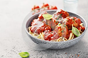 Pasta spaghetti with meatballs and tomatoes