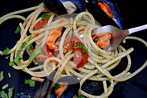 Pasta spaghetti with mussels italian gourmet dish