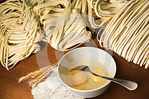 Pasta spaghetti noodles eggs and flour