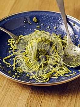 Pasta spaghetti with pesto sauce