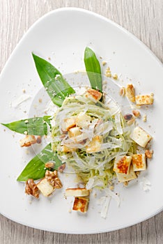 Pasta spaghetti with pesto sauce and wild garlic