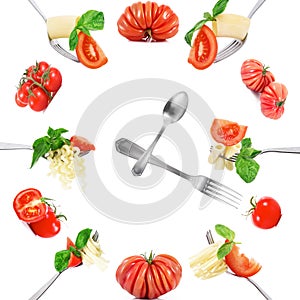 Pasta and tomato clock in white background