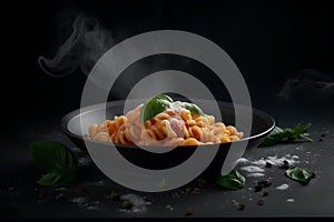 Pasta with tomato sauce and basil in black bowl on dark background