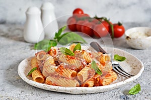 Pasta with tomato sauce and basil. Pasta tartilloni