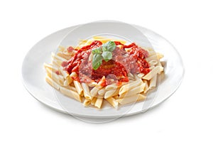 Pasta with Tomato Sauce and Basil Penne al Pomodoro con Basilico on White Background