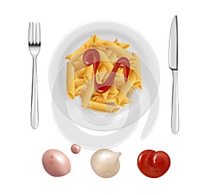 Pasta with tomato sauce. Italian cuisine dish, isolated white plate and stationery. Realistic diverse sauces drops