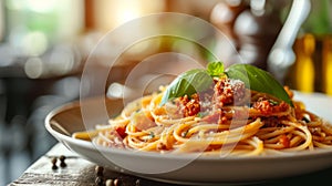 Pasta with tomato sauce, minced meat, basil leaf on top. Blurred background of an expensive restaurant behind