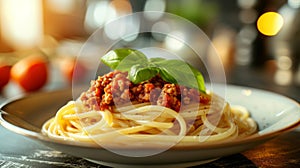 Pasta with tomato sauce, minced meat, basil leaf on top. Blurred background of an expensive restaurant behind