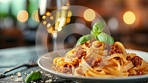 Pasta with tomato sauce, minced meat, basil leaf on top. Blurred background of an expensive restaurant behind