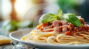 Pasta with tomato sauce, minced meat, basil leaf on top. Blurred background of an expensive restaurant behind