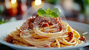 Pasta with tomato sauce, minced meat, basil leaf on top. Blurred background of an expensive restaurant behind