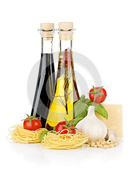 Pasta, tomatoes, basil, olive oil, vinegar etc
