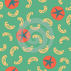 Pasta and tomatoes seamless pattern. Italian food illustration in funky and flat style.