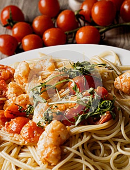 Pasta, tomatoes and shrimps  for lunch