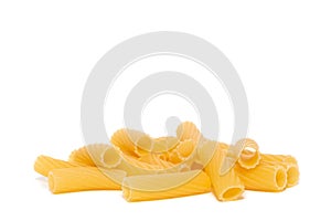 Pasta tubes, tortiglioni or elicoidali isolated on white background