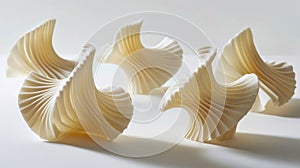 The pasta twirls resemble abstract sculptures with their curving forms and intricate textures evoking a sense of