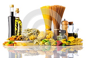 Pasta Types and Cooking Ingredients on White Background