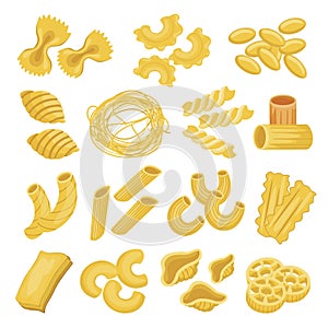 Pasta types set, italian noodles and macaroni