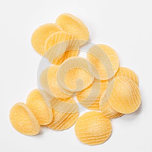 Pasta unprepared raw conchiglie rigate shells of durum wheat handmade isolated on white