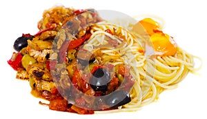 pasta with vegetables grilled meat and two baked egg yolk on white plate