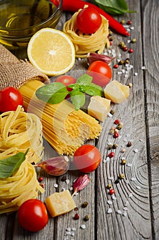 Pasta, vegetables, herbs and spices for Italian food