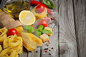 Pasta, vegetables, herbs and spices for Italian food