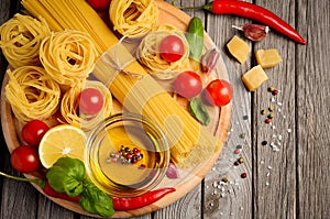 Pasta, vegetables, herbs and spices for Italian food