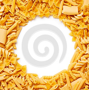 Pasta on white background with place for text in the center