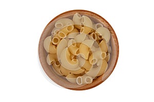 Pasta in wooden bowl isolated on white