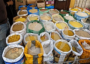 Pastas and rice for sale in the Medina Souk in Meknes, Morocco.