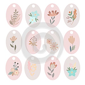 Paste-colored boho simple flowers gift tags labels set, flat style floral vector illustration
