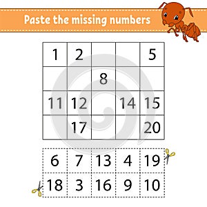 Paste the missing numbers. Game for children. Handwriting practice. Learning numbers for kids. Education developing worksheet.