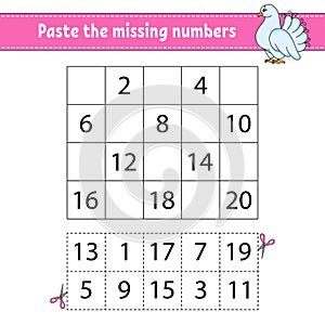 Paste the missing numbers 1-20. Game for children. Handwriting practice. Learning numbers for kids. Education developing worksheet
