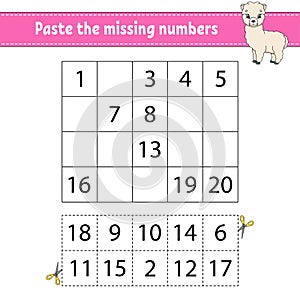 Paste the missing numbers. Game for children. Handwriting practice. Learning numbers for kids. Education developing worksheet.