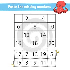 Paste the missing numbers. Game for children. Handwriting practice. Learning numbers for kids. Education developing worksheet.