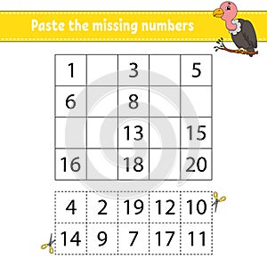 Paste the missing numbers. Game for children. Handwriting practice. Learning numbers for kids. Education developing worksheet.