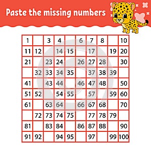 Paste the missing numbers. Handwriting practice. Learning numbers for kids. Education developing worksheet. Activity page. Game