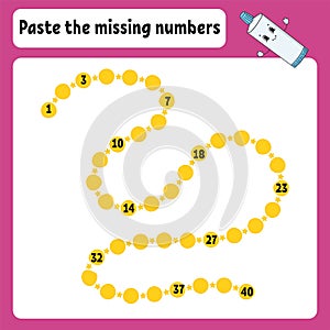 Paste the missing numbers. Handwriting practice. Learning numbers for kids. Education developing worksheet. Activity page. Game