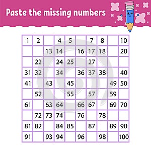 Paste the missing numbers. Handwriting practice. Learning numbers for kids. Education developing worksheet. Activity page. Game