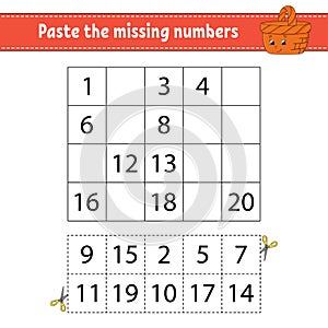 Paste the missing numbers. Handwriting practice. Learning numbers for kids. Education developing worksheet. Activity page. Game