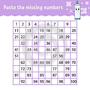 Paste the missing numbers. Handwriting practice. Learning numbers for kids. Education developing worksheet. Activity page. Game