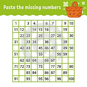 Paste the missing numbers. Handwriting practice. Learning numbers for kids. Education developing worksheet. Activity page. Game