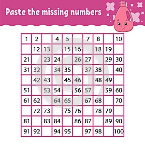 Paste the missing numbers. Handwriting practice. Learning numbers for kids. Education developing worksheet. Activity page. Game