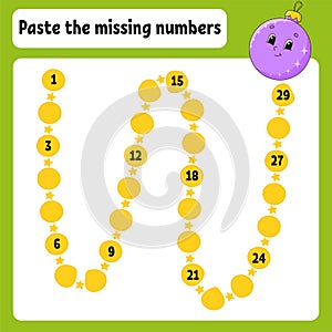 Paste the missing numbers. Handwriting practice. Learning numbers for kids. Education developing worksheet. Activity page. Game