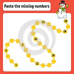 Paste the missing numbers. Handwriting practice. Learning numbers for kids. Education developing worksheet. Activity page. Game