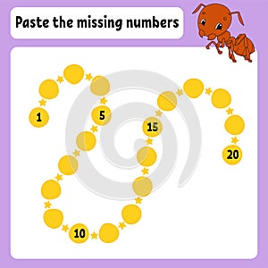Paste the missing numbers. Handwriting practice. Learning numbers for kids. Education developing worksheet. Activity page. Game