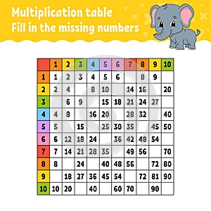 Paste the missing numbers. Learning multiplication table. Handwriting practice. Education developing worksheet. Color activity