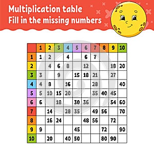 Paste the missing numbers. Learning multiplication table. Handwriting practice. Education developing worksheet. Color activity