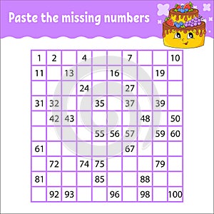 Paste the missing numbers from 1 to 100. Handwriting practice. Learning numbers for kids. Education developing worksheet. Activity