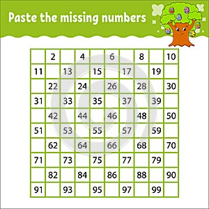 Paste the missing numbers from 1 to 100. Handwriting practice. Learning numbers for kids. Education developing worksheet. Game for